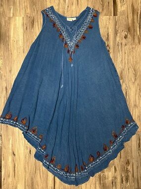 Collections Etc. Boho Embroidered Rayon Umbrella Dress Blue Handkerchief XL/XXL